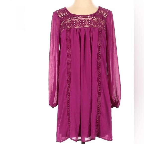 Long sleeve pink fuchsia dress with lace detail size XS - Picture 1 of 7